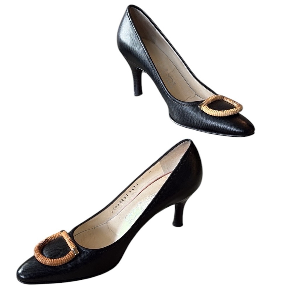 Salvatore Ferragamo Vintage Black Leather Wicker Bamboo Gancini Heels Pumps - 6